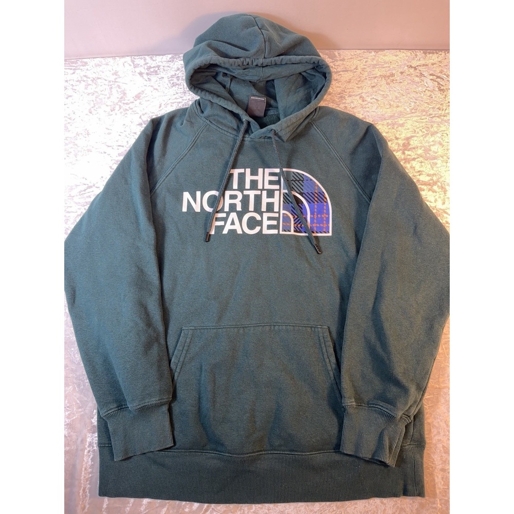 The North Face Women M Green Hoodie Plaid Logo Pullover Sweatshirt Outdoor